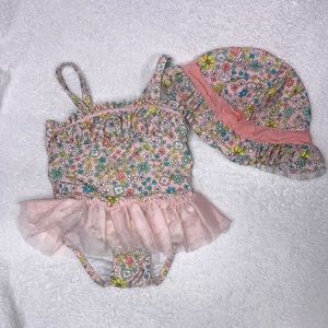 Circo pink floral tutu one piece swim suit bathing suit and sun hat 12m